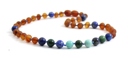 Amber Cognac Raw, Lapis Lazuli Necklace with Gems-3