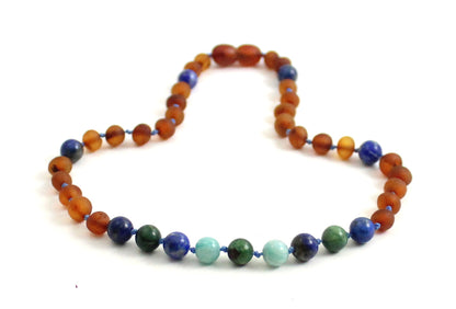 Amber Cognac Raw, Lapis Lazuli Necklace with Gems-2