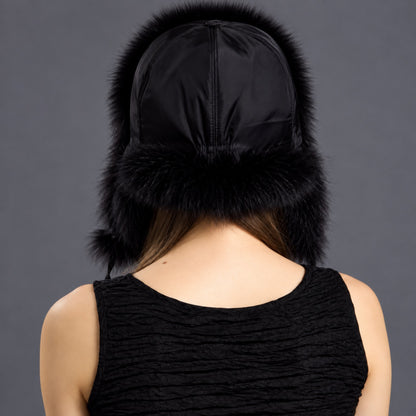 Black fox fur trapper hat back view