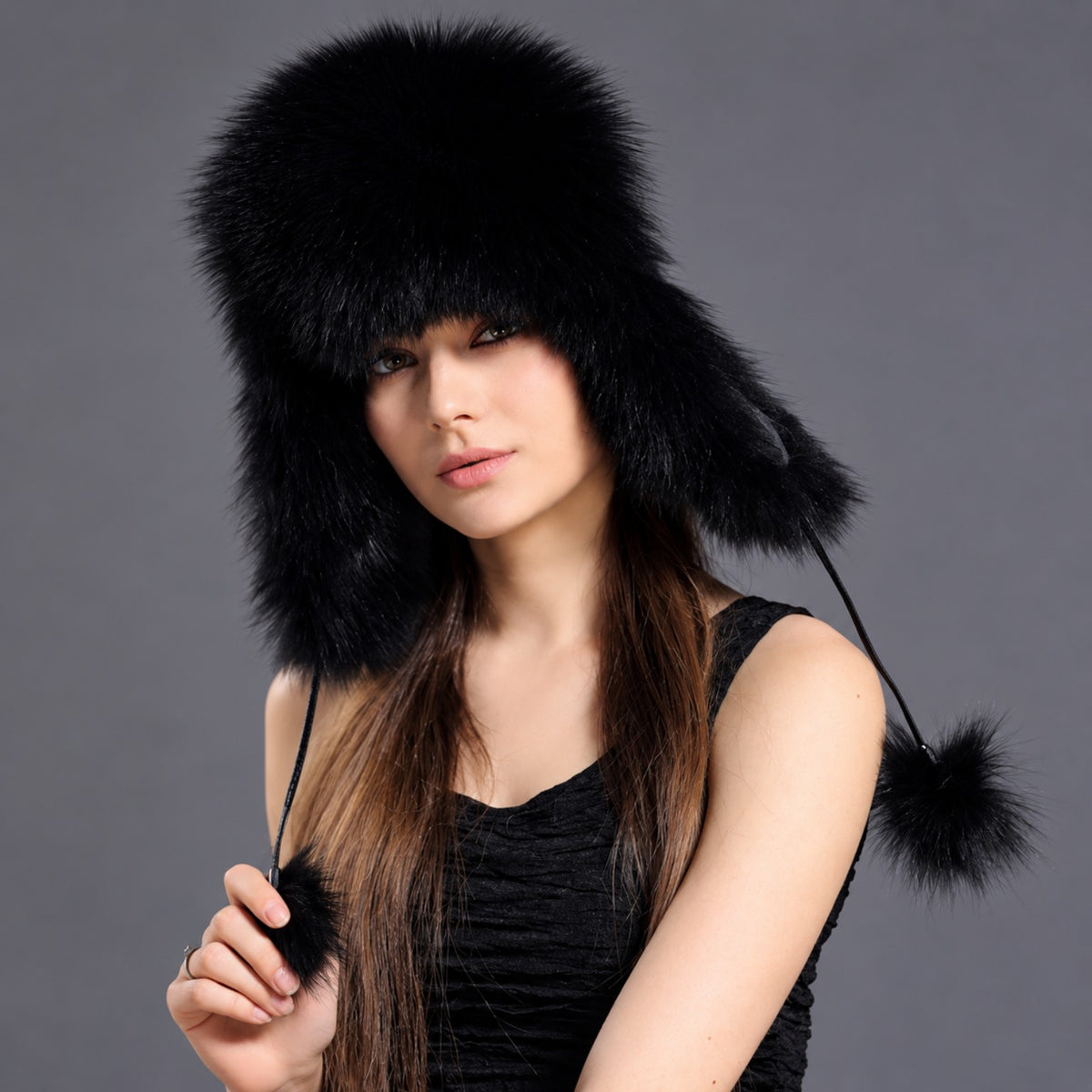 Black fox fur trapper hat front view
