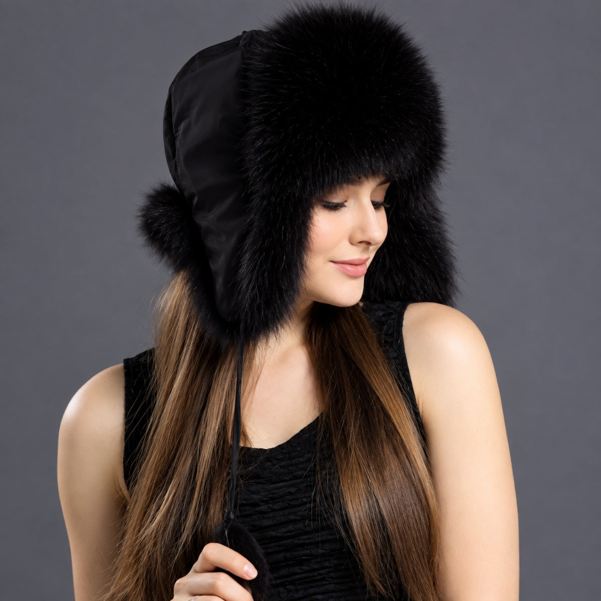 Black fox fur trapper hat side view