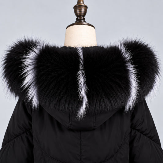 Black fox fur hood trim with white silver accents on black coat