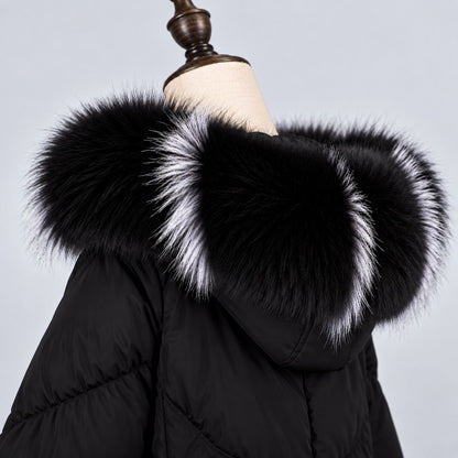 Black fox fur hood trim with white silver accents on black coat