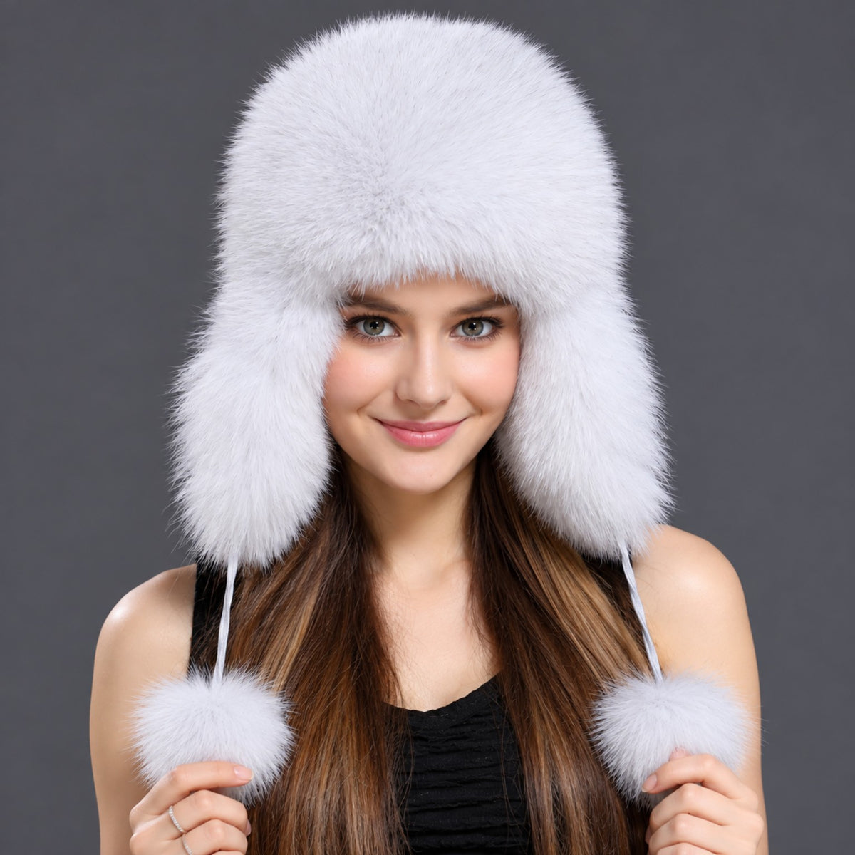 Blue fox fur ushanka hat front view women earflap hat