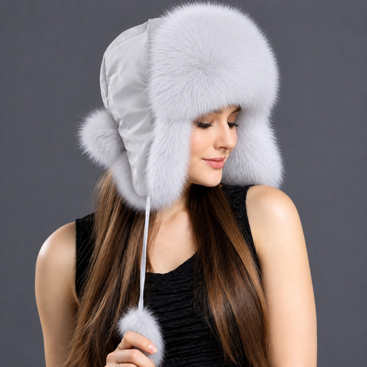 Blue fox fur ushanka hat side view with satin crown