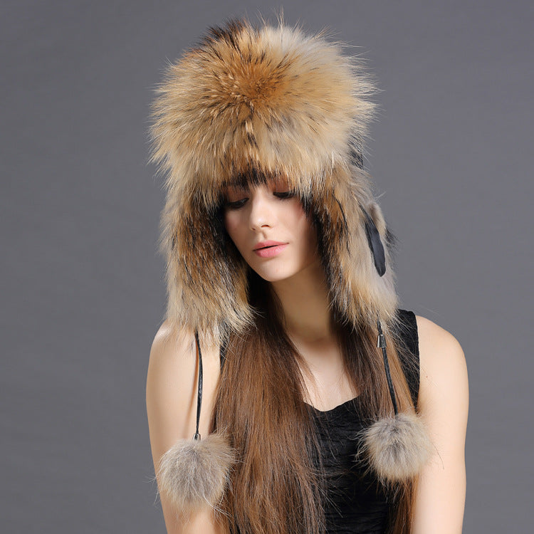 Real raccoon fur earflap hat for women – ushanka winter trapper hat