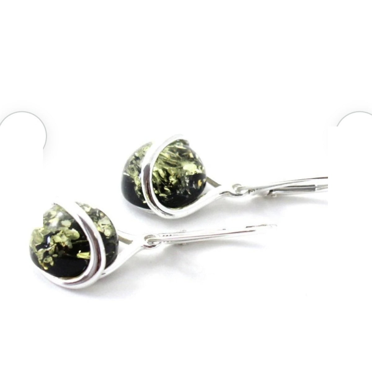 Green Baltic amber drop earrings with sterling silver – close view