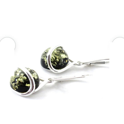 Green Baltic amber drop earrings with sterling silver – close view