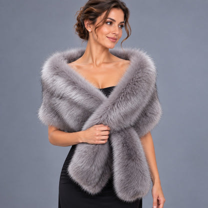 Gray faux fur bridal shawl wrap on woman