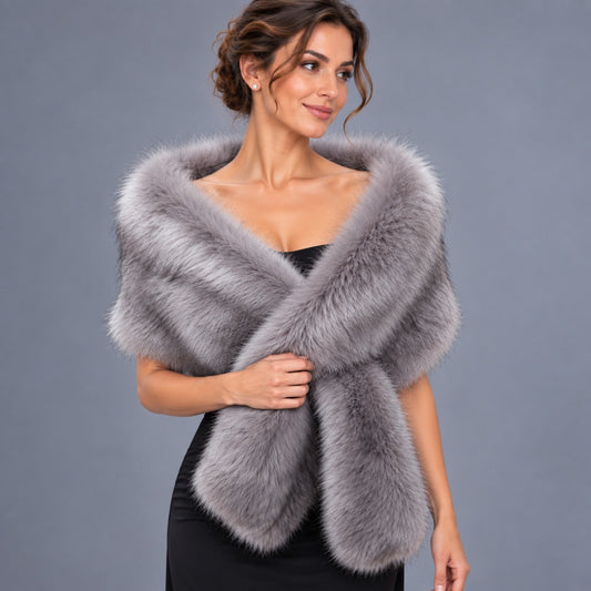 Gray faux fur bridal shawl wrap on woman