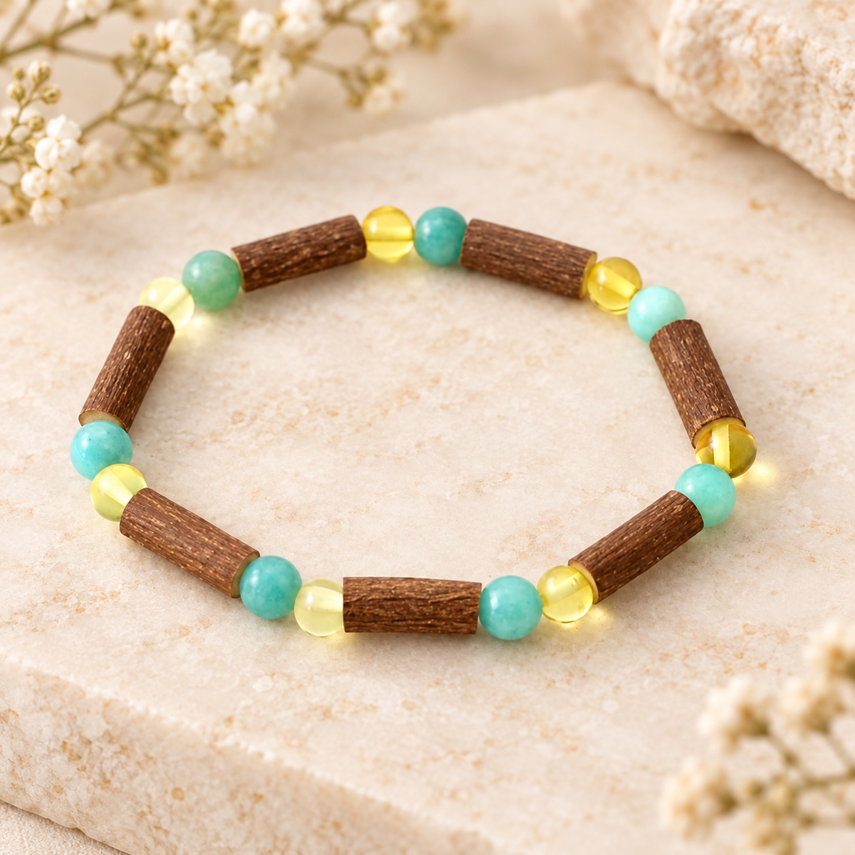Lemon Baltic amber amazonite and hazelwood bracelet – styled view