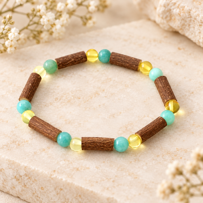 Lemon Baltic amber amazonite and hazelwood bracelet – styled view