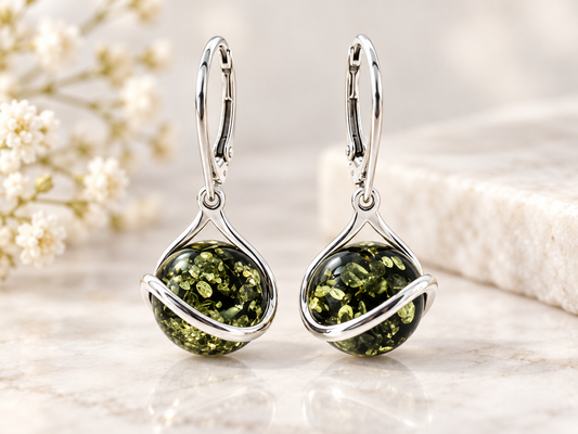Amber Oval Green Drop Earrings With Silver