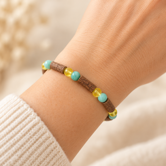 Amber Lemon Polished Stretch Bracelet With Amazonite and Hazelwood