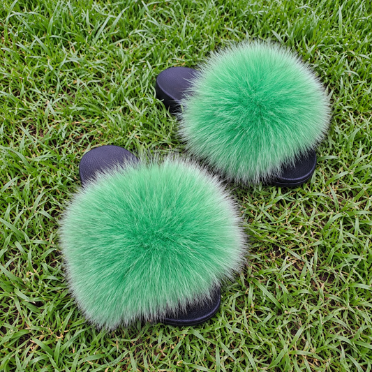 Spring Green Arctic Fox Fur Slippers – Real Fur Slides