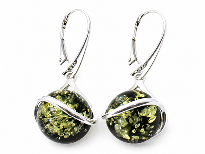 Oval green Baltic amber and silver drop earrings – view 2