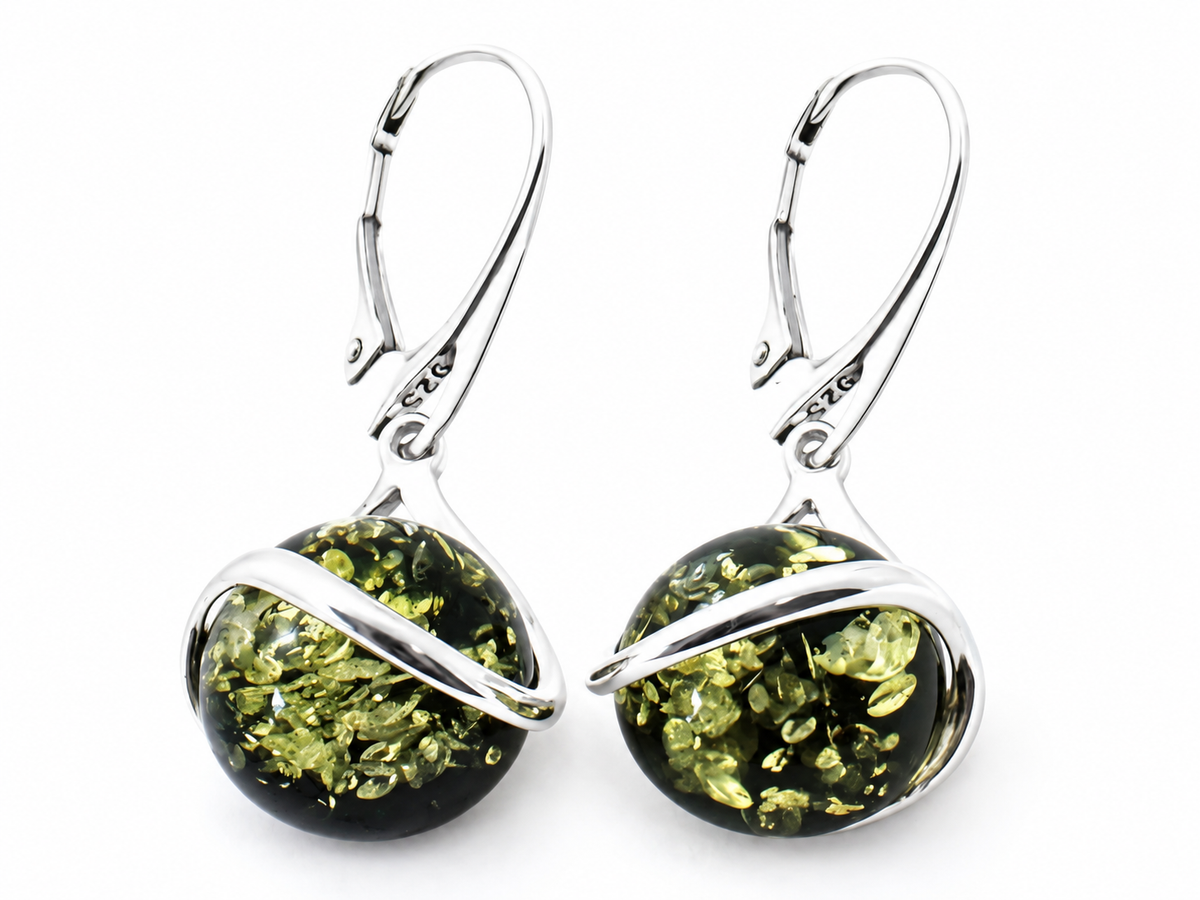 Green Baltic amber and silver earrings – jewelry detail