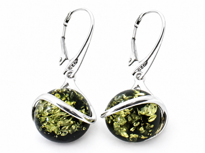 Green Baltic amber and silver earrings – jewelry detail