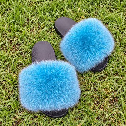 Blue Arctic fox fur slippers and real fur slides – front view