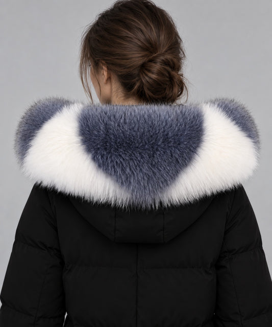 Gray and white real fox fur collar on black coat – back view
