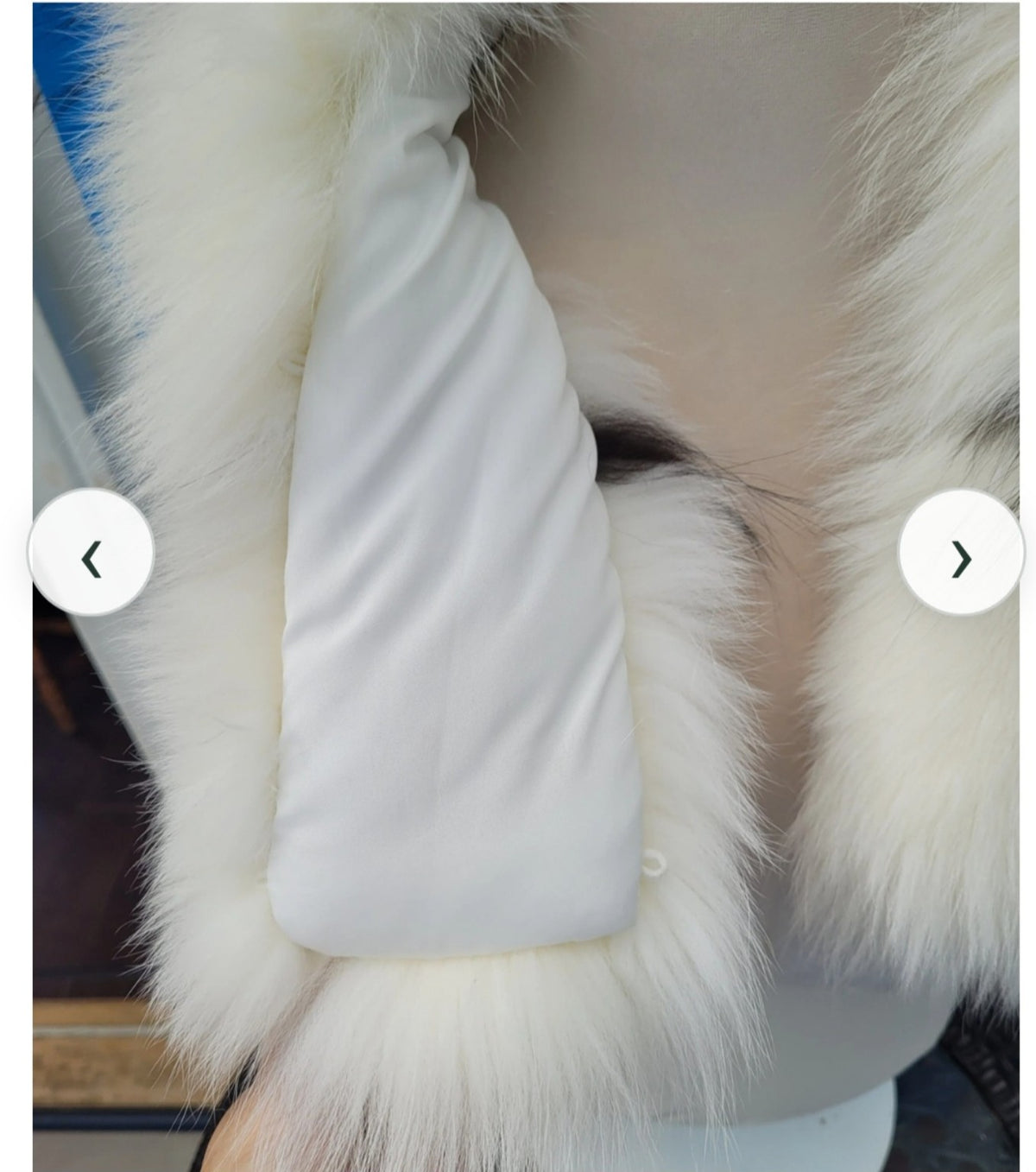 Real fox fur collar white lining and attachment detail