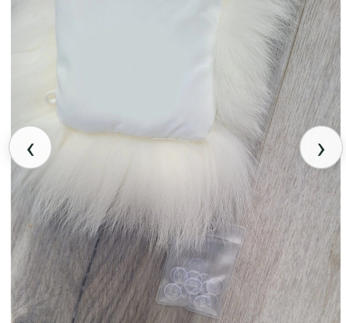 Real fox fur collar lining and buttons detail