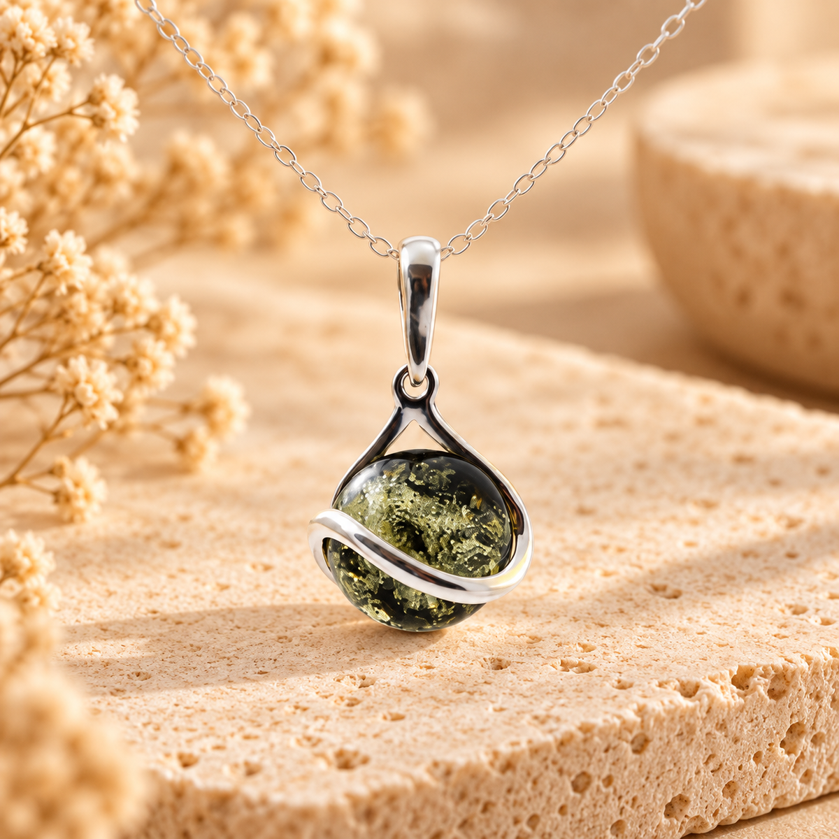 Green Baltic amber silver pendant on warm beige stone