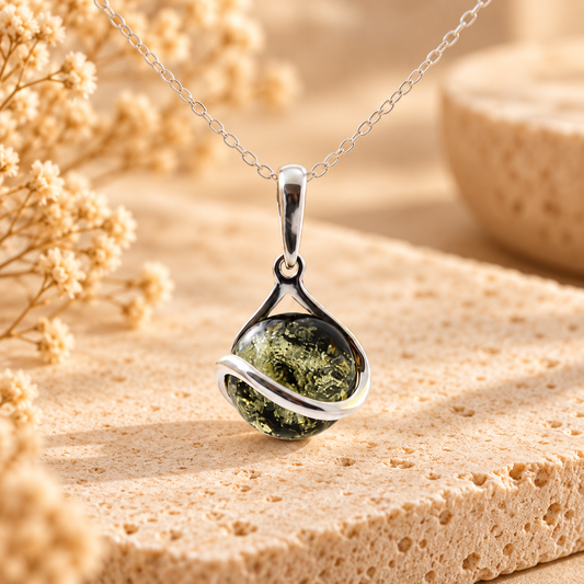 Green Baltic amber silver pendant on warm beige stone