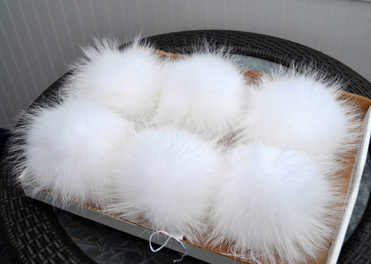 White Raccoon Fur Pom Pom: 7" Fluffy Knit Hat Ball