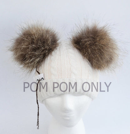 Light Beige Detachable Fur Pom Pom Pair – genuine raccoon fur – image 1