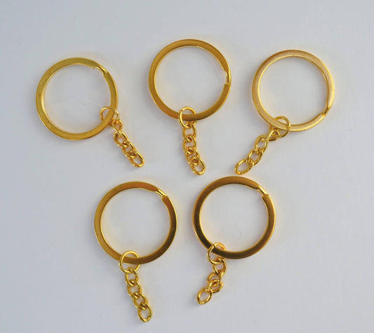 Golden Key Rings: Split Ring with Curb Chain, Bag Charm (50mm x 20mm)