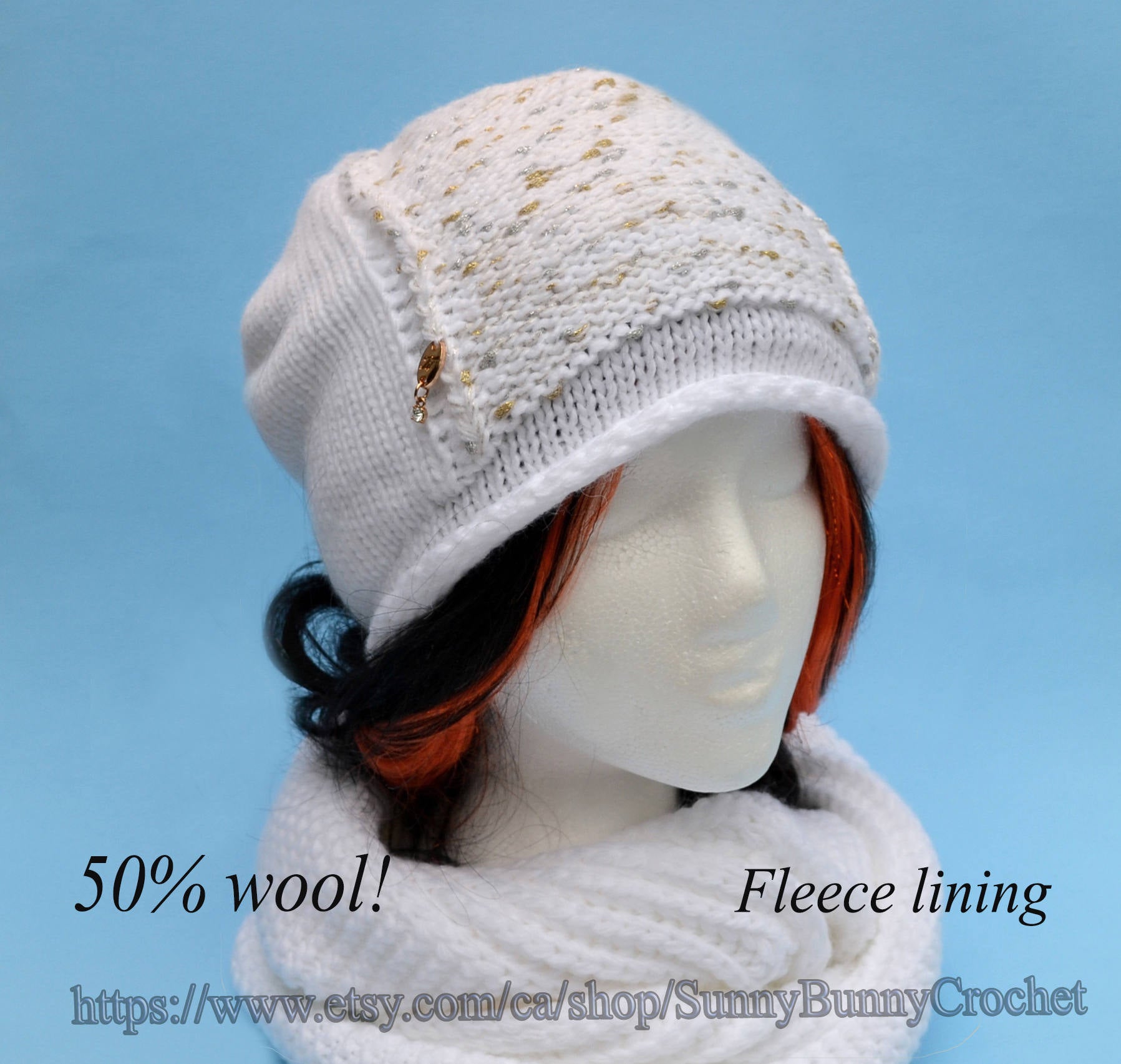 Fleece Lined Knit Hat and Infinity Scarf Set: Wool Blend Slouchy Beanie