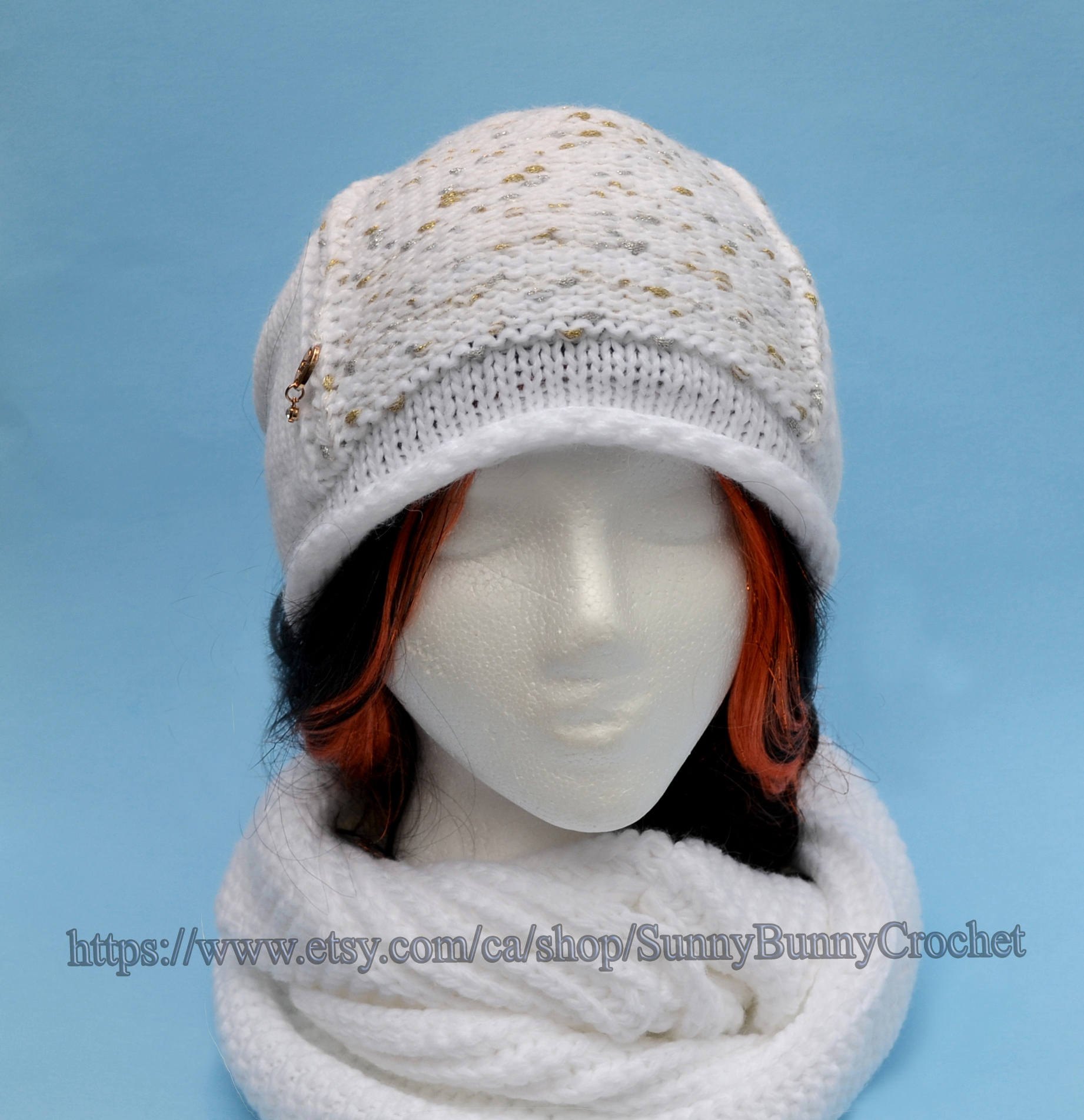 Fleece Lined Knit Hat and Infinity Scarf Set: Wool Blend Slouchy Beanie