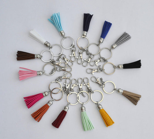 Silver Tone Keychain Ring: Faux Leather Tassel Bag Charm