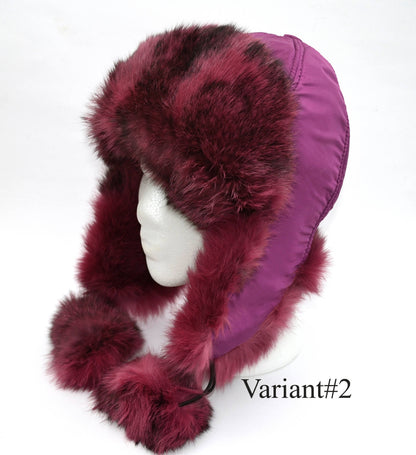 Kids rabbit fur ushanka hat with ear flaps and pom poms