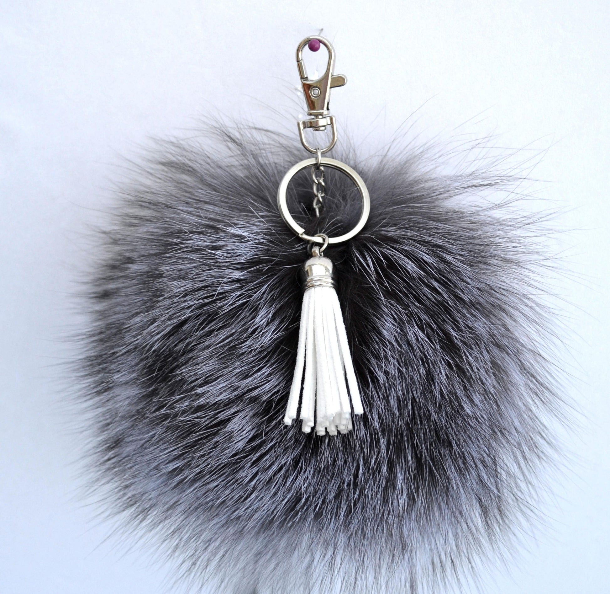 Silver Tone Keychain Ring: Faux Leather Tassel Bag Charm