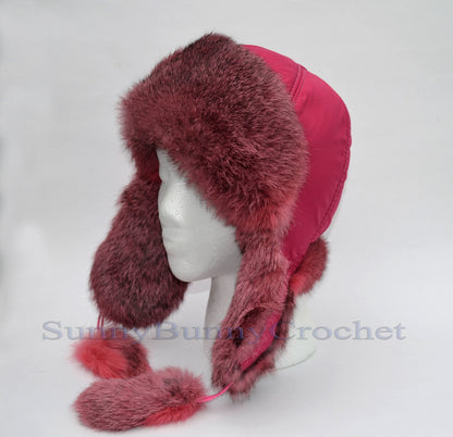 Pink rabbit fur ushanka hat with ear flaps for girls
