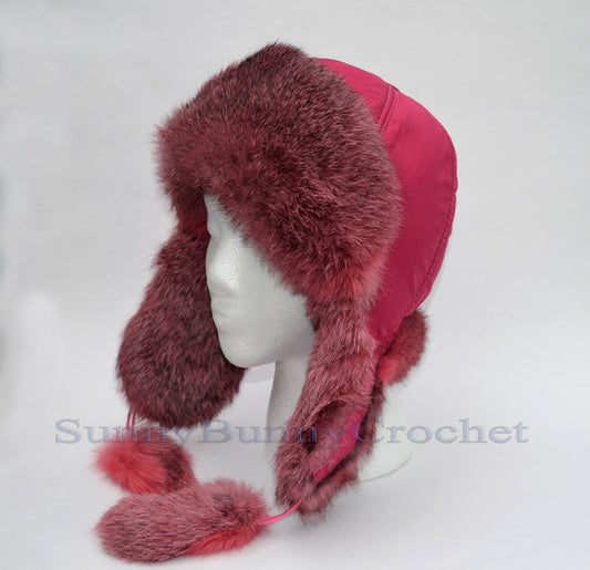 Pink rabbit fur ushanka hat with ear flaps for girls