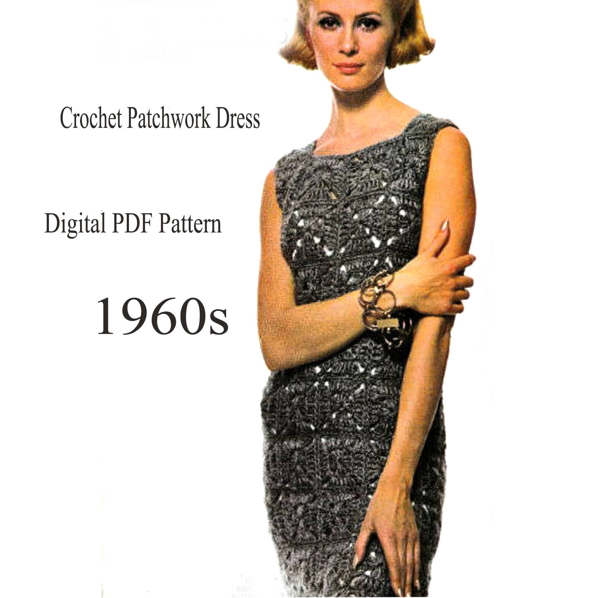 VINTAGE CROCHETED Dress Pattern Retro 1960s Patchwork Lace Short Tunic Cover Instant PDF Download Summer Party Mini Dress Top Women Lady