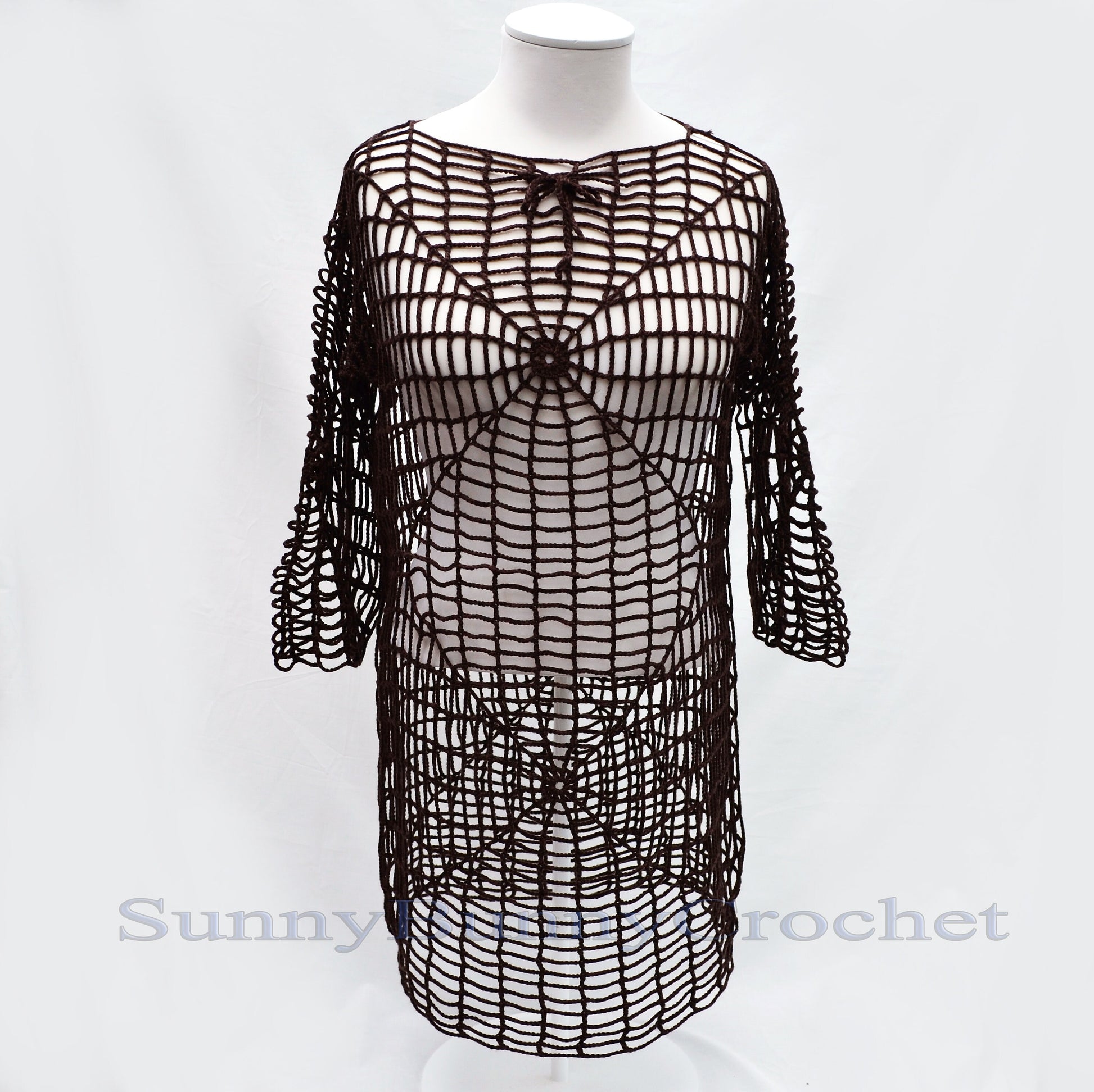 CROCHETED DRESS BEACH Cover Up Sexy Cotton Lace Openwork Short Knitted Tunic Cover Summer Party Mini Dress Top Women Lady Spider Web Boho, M