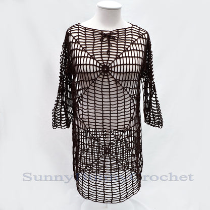 CROCHETED DRESS BEACH Cover Up Sexy Cotton Lace Openwork Short Knitted Tunic Cover Summer Party Mini Dress Top Women Lady Spider Web Boho, M