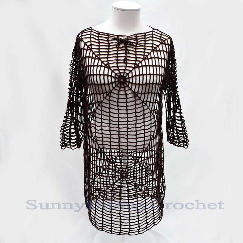 CROCHETED DRESS BEACH Cover Up Sexy Cotton Lace Openwork Short Knitted Tunic Cover Summer Party Mini Dress Top Women Lady Spider Web Boho, S