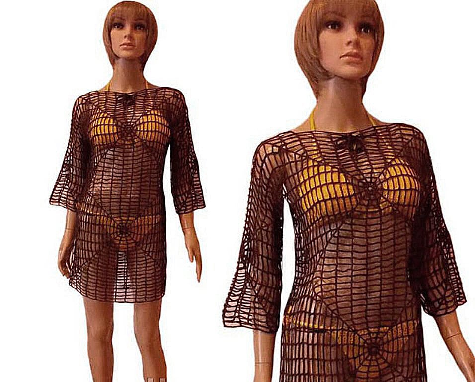 CROCHETED DRESS BEACH Cover Up Sexy Cotton Lace Openwork Short Knitted Tunic Cover Summer Party Mini Dress Top Women Lady Spider Web Boho, M