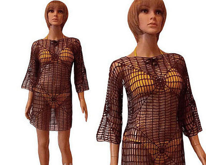CROCHETED DRESS BEACH Cover Up Sexy Cotton Lace Openwork Short Knitted Tunic Cover Summer Party Mini Dress Top Women Lady Spider Web Boho, M