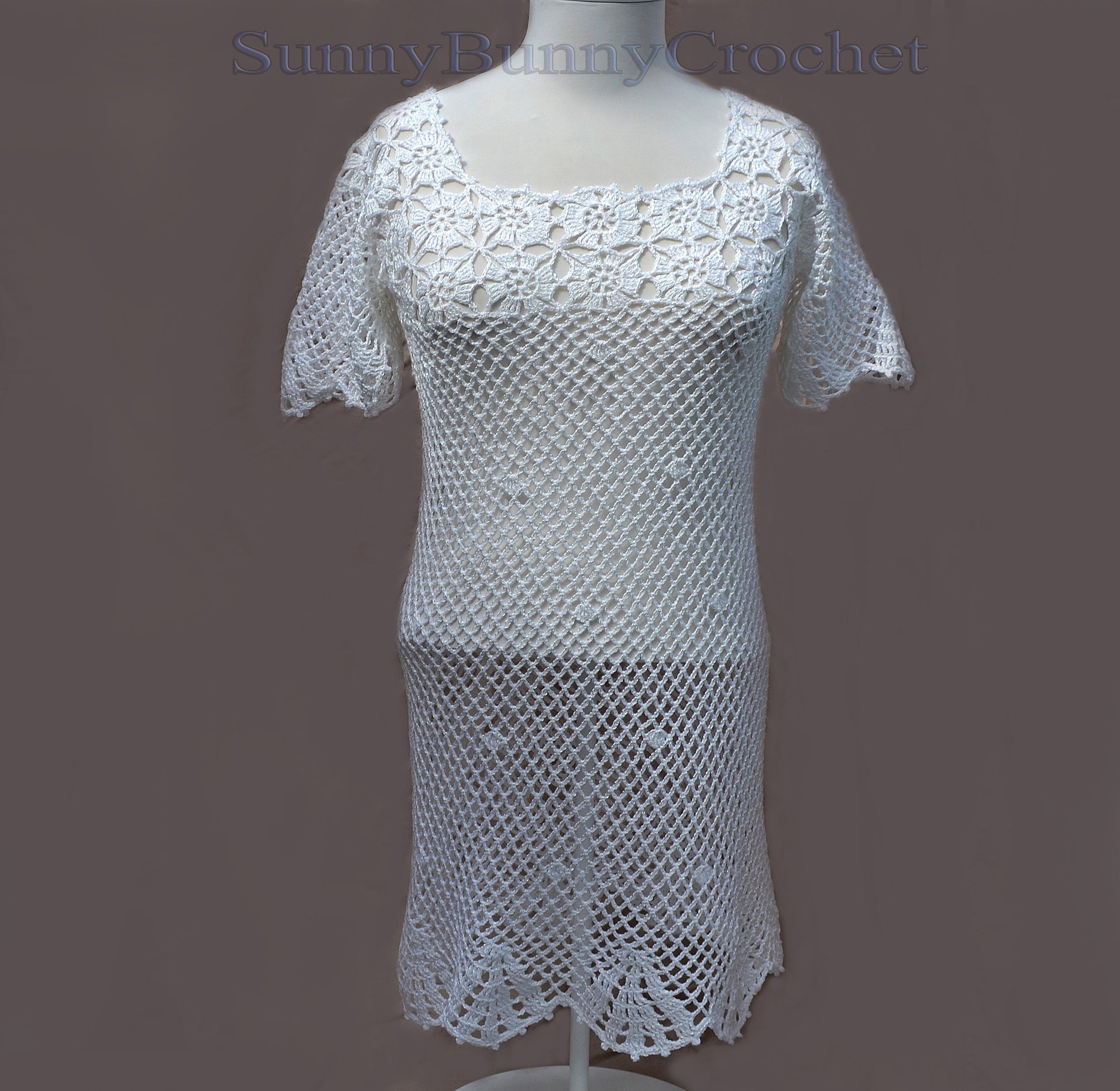CROCHETED SUMMER Dress Beach Cover Up Sexy Cotton Lace Openwork Short Knitted Tunic Cover Party Mini Dress Top Women Lady Flower Boho, XS