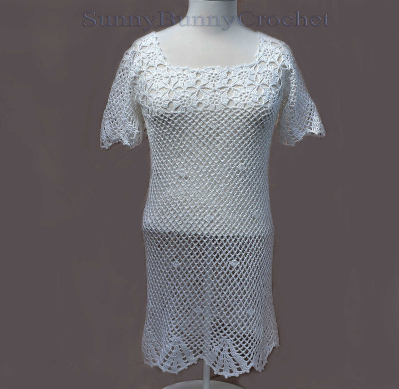 CROCHETED SUMMER Dress Beach Cover Up Sexy Cotton Lace Openwork Short Knitted Tunic Cover Party Mini Dress Top Women Lady Flower Boho, XS