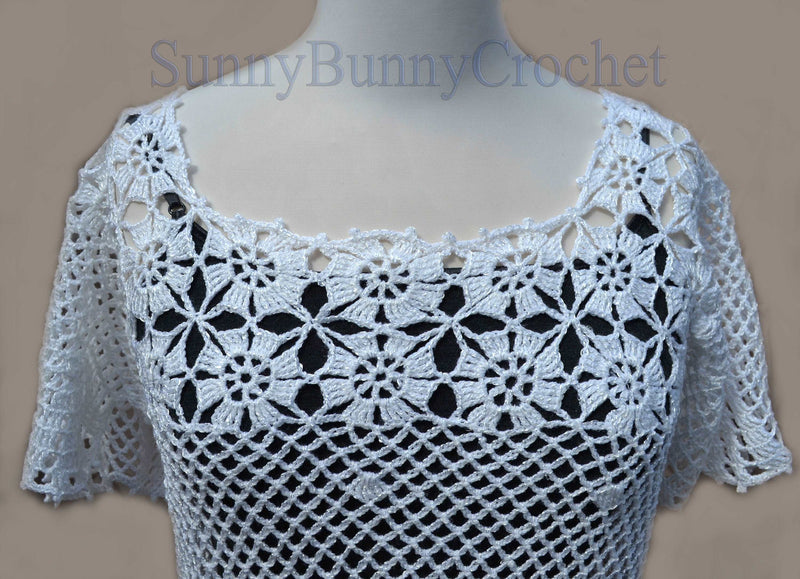 CROCHETED SUMMER Dress Beach Cover Up Sexy Cotton Lace Openwork Short Knitted Tunic Cover Party Mini Dress Top Women Lady Flower Boho, XS