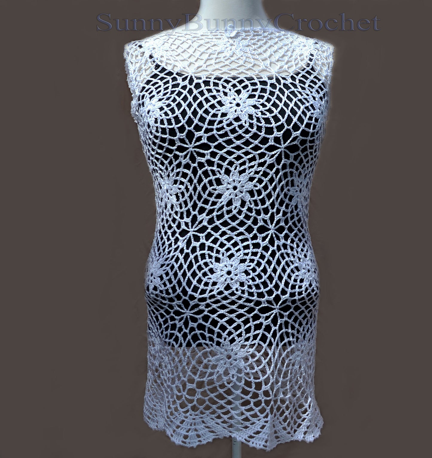 Crocheted Cotton Mini Dress: White Lace Flower Tunic Cover-Up