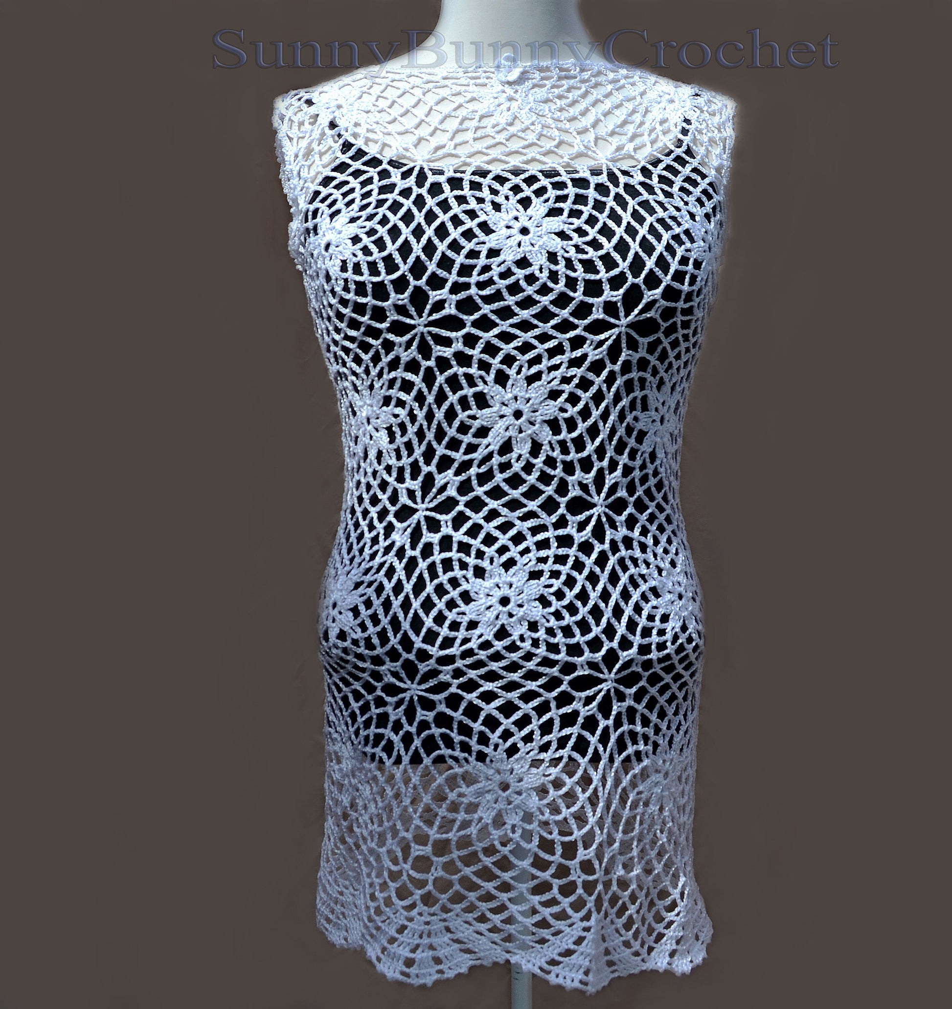 Crocheted Cotton Mini Dress: White Lace Flower Tunic Cover-Up