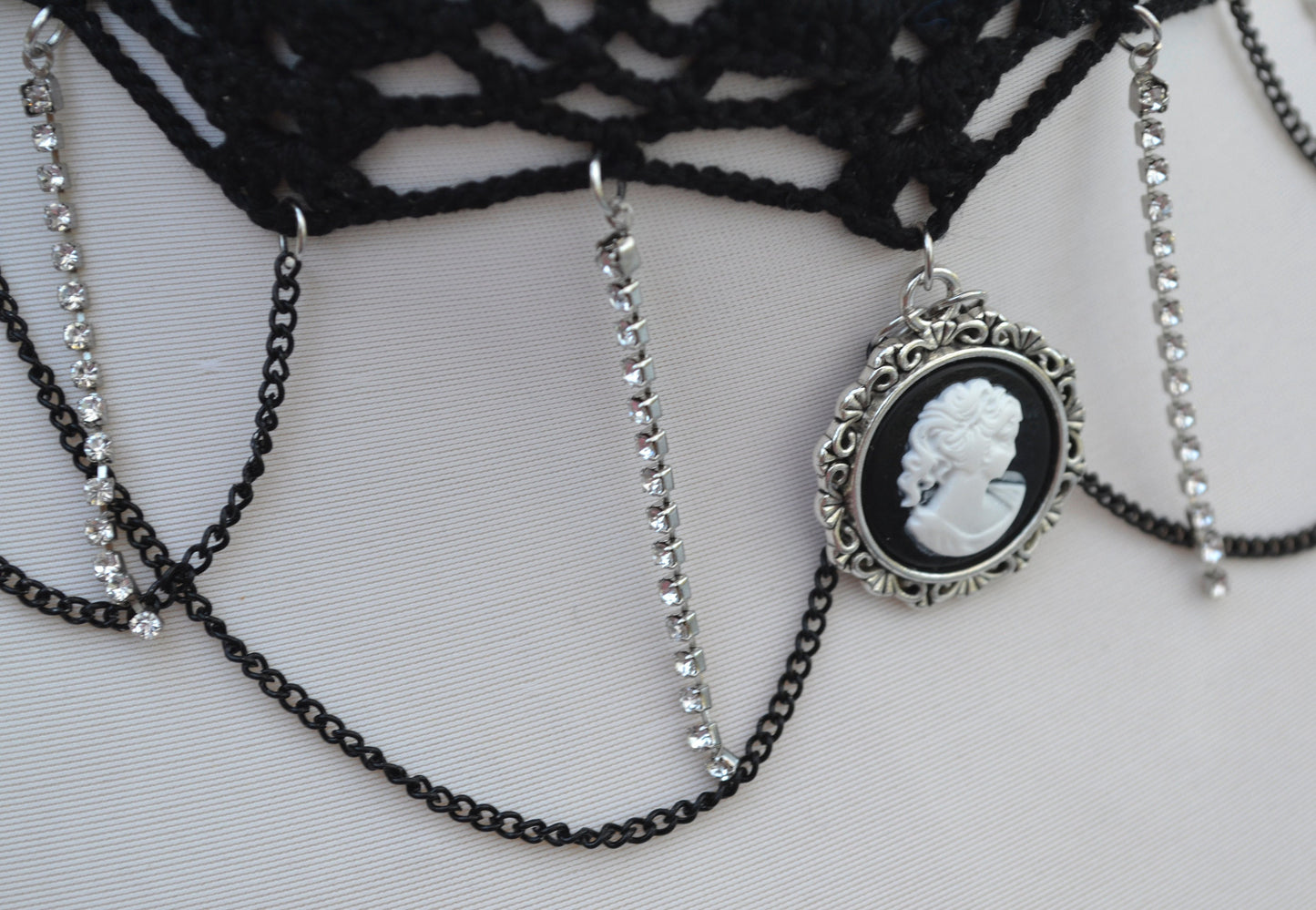 Black necklace choker with cameo pendant, Black necklace for women, Choker necklace Black, Black statement necklace, Cotton Choker, Gothic